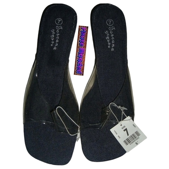 Vintage 90s y2k Deadstock Clear Lucite Plastic Denim Slides Square Toe Heels 7 - Picture 3 of 15